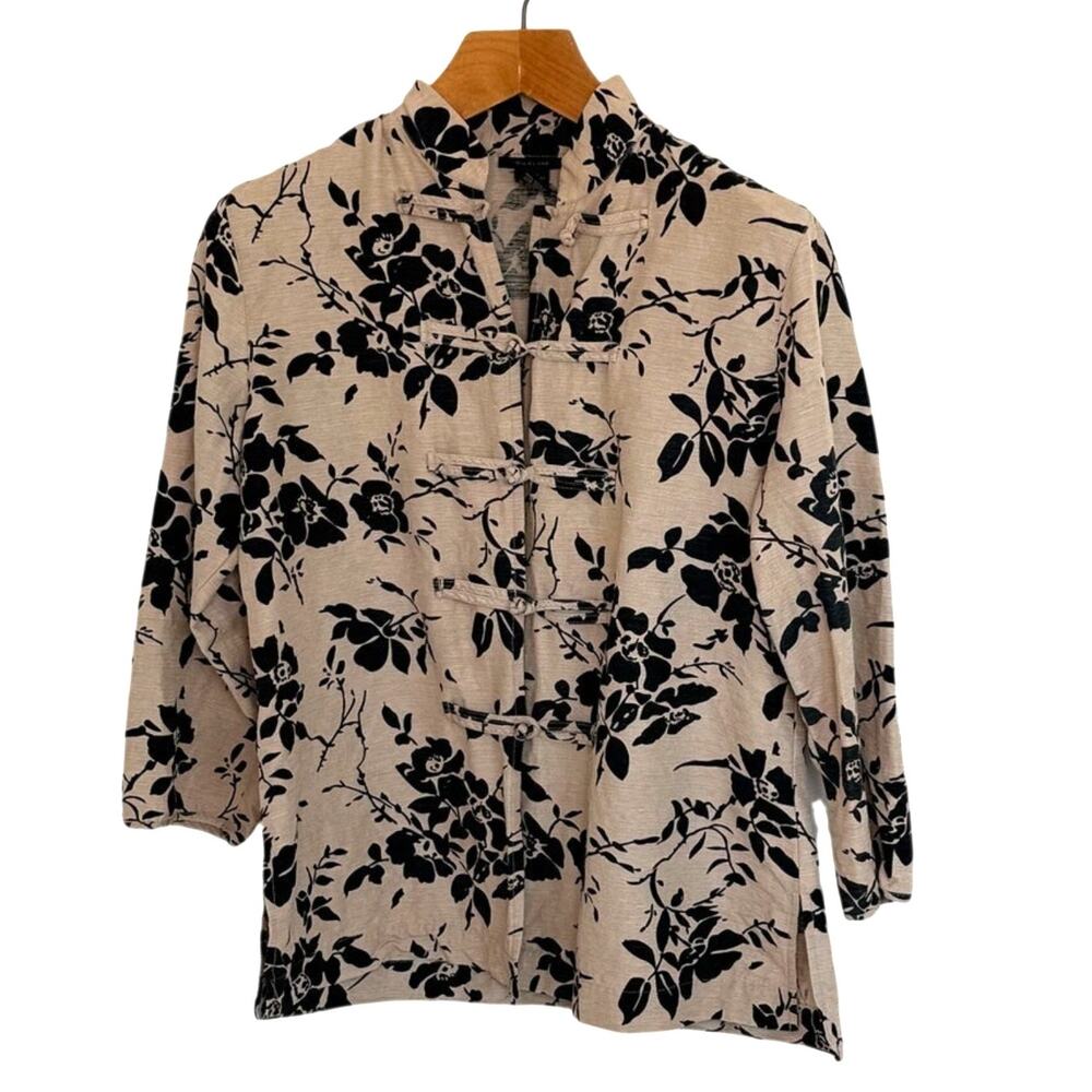 Silkland 100% Silk Floral Jacket Mandarin Collar Frog Closures Beige Black M